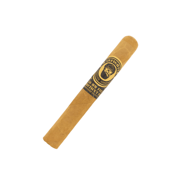 A single Warfighter 5.56 Field Connecticut Shade Robusto cigar by Warfighter Tobacco, featuring a dark band with gold accents and logo, rests on a white background.