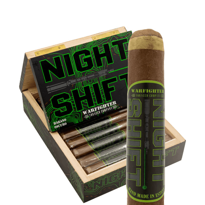 A box of Warfighter Night Shift Robusto cigars by Warfighter Tobacco, with one cigar displayed in front. The bold black and green branding pairs perfectly with the rich Ecuadorian Habano Oscuro wrapper.