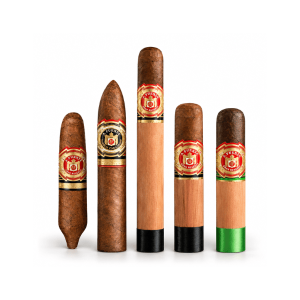 An Arturo Fuente 5 Cigar Showcase Sampler featuring five cigars of varying sizes and shapes, some with cedar sleeves, arranged in a row.