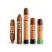 An Arturo Fuente 5 Cigar Showcase Sampler featuring five cigars of varying sizes and shapes, some with cedar sleeves, arranged in a row.