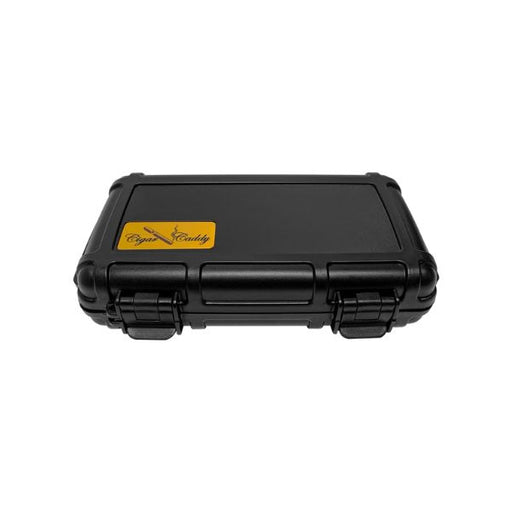 The Cigar Caddy 5 Cigar Travel Humidor is a black, hard plastic waterproof case with two latches and a yellow label featuring the "Cigar Caddy" brand—ideal for safely transporting cigars on the go.