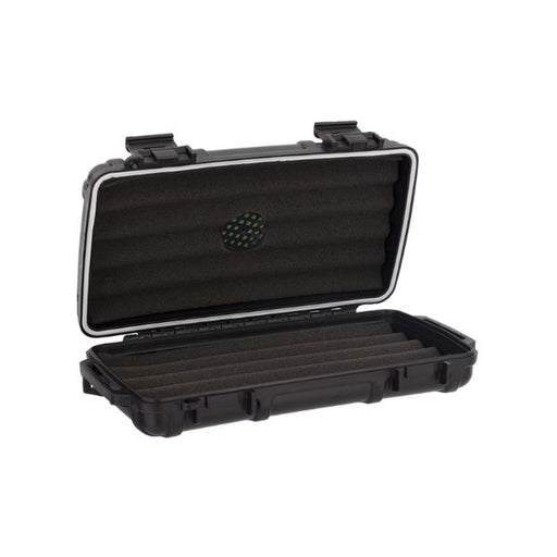 The Cigar Caddy 5 Cigar Travel Humidor by Cigar Caddy, a black hard-shell case with interior foam padding, is displayed open on a white background.