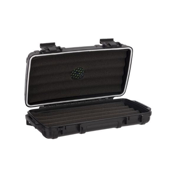 The Cigar Caddy 5 Cigar Travel Humidor by Cigar Caddy, a black hard-shell case with interior foam padding, is displayed open on a white background.