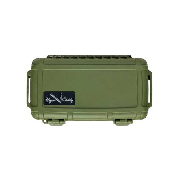 The Cigar Caddy 5 Cigar Travel Humidor by Cigar Caddy is an olive green hard plastic case with secure latches and a front logo, ideal as a waterproof cigar case or portable humidor.