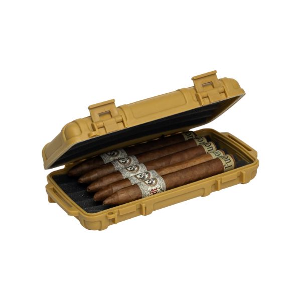 The Cigar Caddy 5 Cigar Travel Humidor by Cigar Caddy is a tan, hard-shell waterproof case holding five cigars with silver and black bands in a row, keeping them protected and ready for travel.