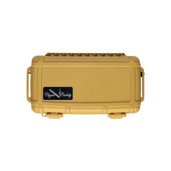 The Cigar Caddy 5 Cigar Travel Humidor is a tan, rectangular hard plastic waterproof case with a handle and two latches, featuring the Cigar Caddy brand on a black and white sticker.