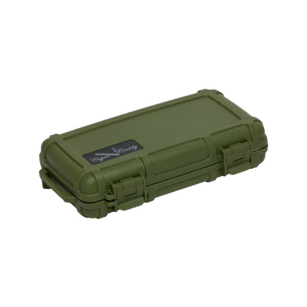 The Cigar Caddy 5 Cigar Travel Humidor by Cigar Caddy is a closed, olive green hard plastic case with secure latches and a rectangular label on the lid, displayed against a plain white background.