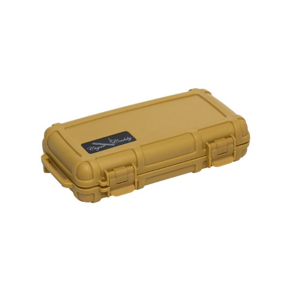 The Cigar Caddy 5 Cigar Travel Humidor by Cigar Caddy is a tan, rectangular hard plastic case with secure latches and logo on the lid, ideal for keeping up to five cigars protected while traveling.