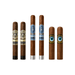 Six cigars from the Crowned Heads Cigar Sampler are displayed upright in a row, each featuring unique colored bands and labels with different designs, logos, and text—including boutique selections like Jericho Hill—set against a plain white background.
