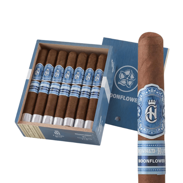 An open box of Crowned Heads Moonflower Corona Gorda cigars with blue labels, revealing expertly crafted cigars inside and one displayed outside the box—featuring a Nicaraguan Corojo wrapper that reflects the rich tradition of My Father Cigars.
