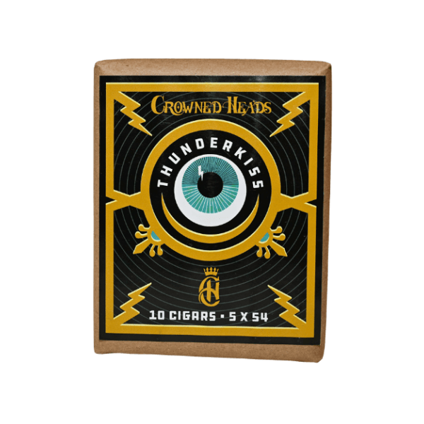 A box of Crowned Heads Thunderkiss Robusto boutique cigars, featuring a central illustrated eye, bold yellow lightning bolts, and refined gold text—each cigar meticulously crafted with an Ecuadorian Habano Maduro wrapper.