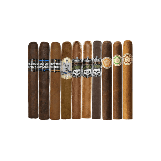 The Daily Smoke 10 Cigar Sampler features ten premium cigars with assorted colored wrappers and decorative bands, neatly arranged upright in a row on a plain white background—an appealing selection perfect for cigar enthusiasts.