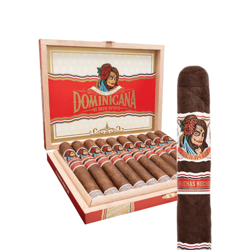 An open box of Deadwood Dominicana Buenas Noches Robusto cigars alongside a single cigar, both featuring a band with a stylized sugar skull illustration.
