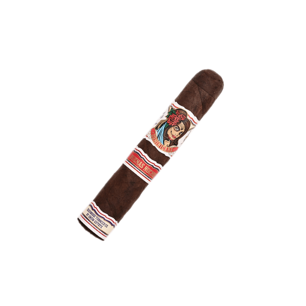 A dark brown Deadwood Dominicana Buenas Noches Robusto cigar with two paper bands, one featuring an illustration of a woman with floral hair ornaments and the other labeled “Buenas Noches.”