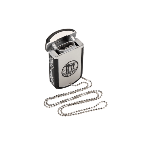 A rectangular Deadwood Dog Tag Lighter with a silver front featuring a logo of a bridge, attached to a metal ball chain.