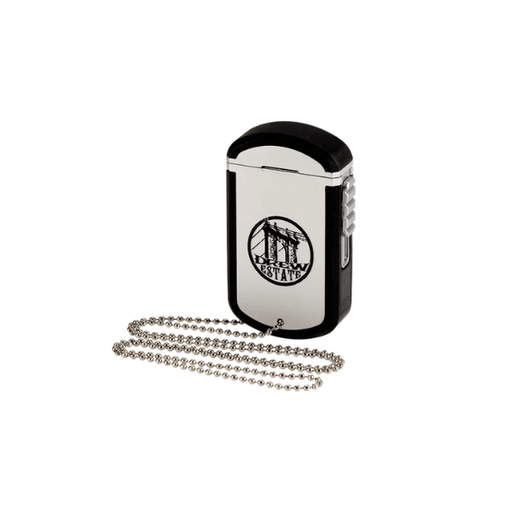 A rectangular Deadwood Dog Tag Lighter with a silver front featuring a logo of a bridge, attached to a metal ball chain.