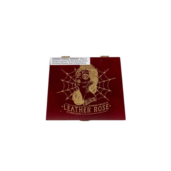 A red box labeled "Deadwood Tobacco Leather Rose Petite Corona" by Deadwood Tobacco features a gold illustration of a woman and spider web, plus a Surgeon General warning at the top.