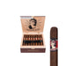 An open box of Deadwood Tobacco Leather Rose Petite Corona cigars displays bands with a woman's face and spiderweb design; one Petite Corona cigar is shown close up next to the box.