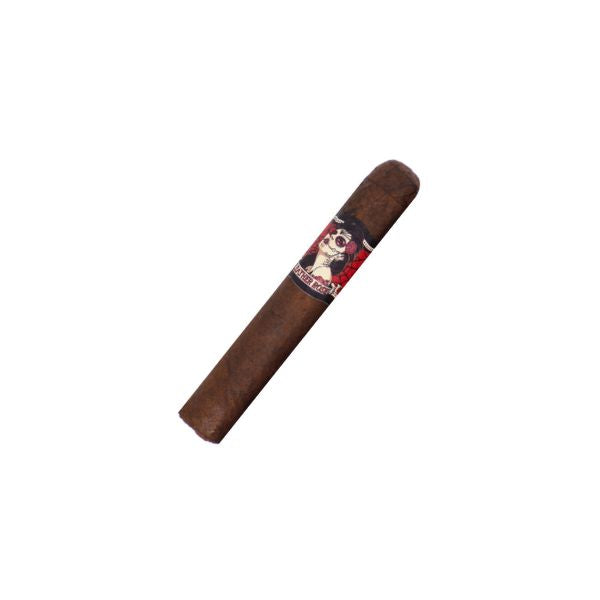 A single Deadwood Tobacco Leather Rose Petite Corona cigar, featuring a decorative band with an illustrated character, is displayed against a plain white background.