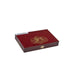 A closed, rectangular red box with a gold emblem on the lid and a gold clasp at the front, photographed against a white background—perfect for housing your favorite Deadwood Fat Bottom Betty Robusto cigars by Drew Estate.