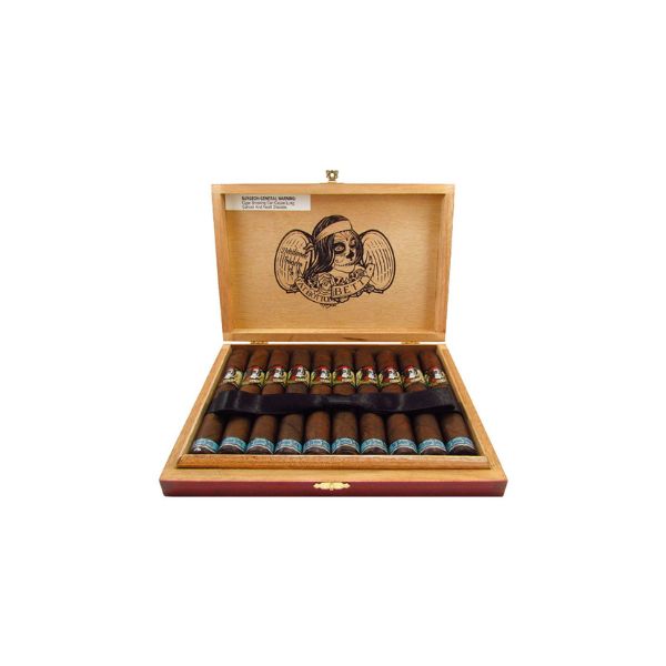 An open wooden cigar box displays two rows of Deadwood Fat Bottom Betty Robusto cigars by Drew Estate, featuring the illustrated logo and warning label on the inside lid.