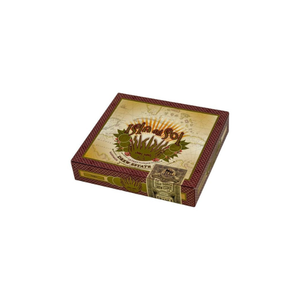 A rectangular box of Drew Estate Isla Del Sol Toro cigars features decorative packaging and a sealed corner label. Enjoy this coffee-infused cigar from Drew Estate for a unique and flavorful smoking experience.