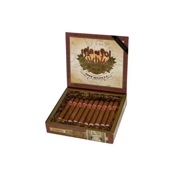 An open box of Drew Estate Isla Del Sol Toro cigars showcases nine coffee infused cigars arranged inside, featuring decorative packaging and clear Drew Estate branding.