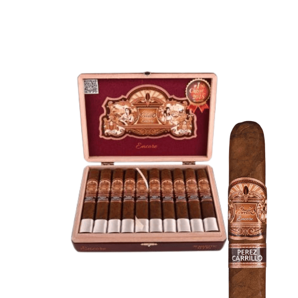 An open wooden box of EP Carrillo Encore Majestic cigars reveals rows of Nicaraguan cigars with brown wrappers and ornate labels, with a close-up of one Encore Majestic cigar on the right.