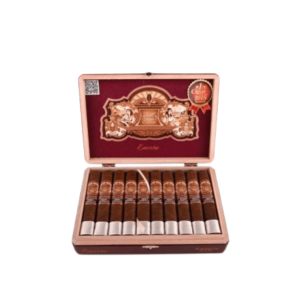 An open wooden cigar box with ten cigars inside, featuring ornate decorative artwork on the inner lid and a gold and red emblem indicating an award. The selection includes premium Nicaraguan cigars such as the EP Carrillo Encore Majestic, highlighting craftsmanship that aficionados will truly appreciate.
