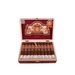 An open wooden cigar box with ten cigars inside, featuring ornate decorative artwork on the inner lid and a gold and red emblem indicating an award. The selection includes premium Nicaraguan cigars such as the EP Carrillo Encore Majestic, highlighting craftsmanship that aficionados will truly appreciate.