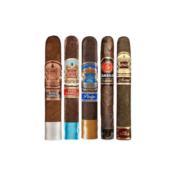Five cigars with different colored bands and labels are arranged vertically in a row against a white background, featuring notable selections such as the award-winning Pledge Prequel from the E.P. Carrillo Showcase Sampler.