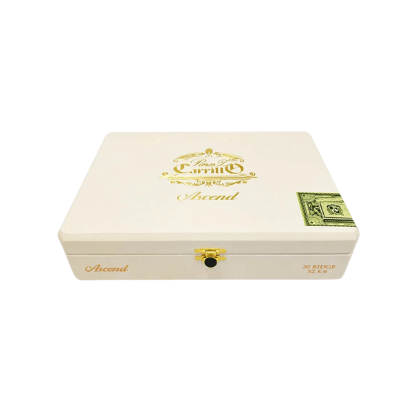 A closed white rectangular box with gold and green decorative text, a gold latch, and the word “Ascend” printed on the front and top, this elegant packaging houses the EP Carrillo Ascend Ridge Toro from the renowned Perez-Carrillo Series, featuring an exquisite Ecuadorian Habano wrapper.