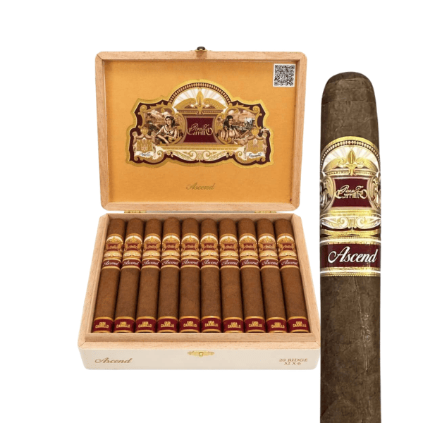 An open wooden box labeled “EP Carrillo Ascend Ridge Toro” displays cigars neatly arranged inside, while a close-up highlights a single EP Carrillo Ascend Ridge Toro cigar, showcasing its detailed band and rich Ecuadorian Habano wrapper.