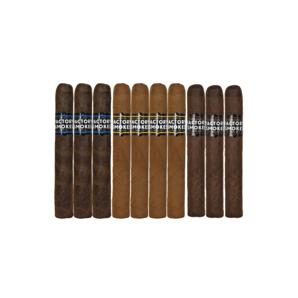 Ten cigars are arranged in a row, each labeled “Factory Smokes” by Drew Estate, with wrappers ranging from dark to light brown—an inviting Factory Smokes Everyday Sampler that’s perfect for the everyday cigar enthusiast.