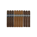 Ten cigars are arranged in a row, each labeled “Factory Smokes” by Drew Estate, with wrappers ranging from dark to light brown—an inviting Factory Smokes Everyday Sampler that’s perfect for the everyday cigar enthusiast.