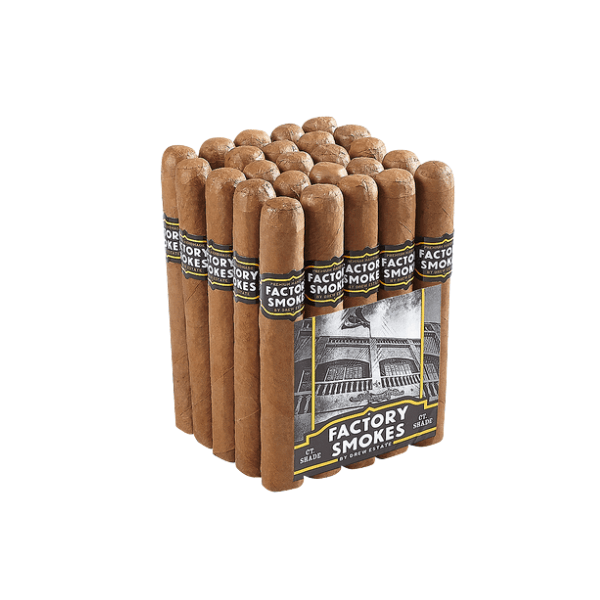 A bundle of Factory Smokes by Drew Estate Shade Toro cigars with brown wrappers, neatly arranged upright in rows. These cigars feature black and white bands displaying the brand name, making them an attractive option for budget-conscious cigar enthusiasts. The selection is highlighted by the smooth Connecticut shade wrapper and approachable flavor profile of the Factory Smokes by Drew Estate Shade Toro.
