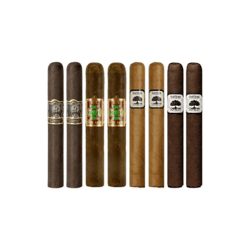 Eight cigars from the Foundation Cigars 8 Cigar Sampler are lined up side by side, each sporting a distinctively colored band and showcasing a range of brown and tan wrappers against a white background—a perfect selection featuring premium boutique cigars.