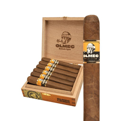 A wooden box filled with six Foundation Olmec Claro Robusto cigars, next to a single cigar featuring a yellow and black band with an illustration of a helmeted figure.