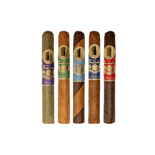 Five upright cigars, each with a distinct label—purple, green, blue, aqua, and red—make up the Founders 5 Cigar Sampler from Founders Cigar Co., displayed strikingly against a crisp white background.