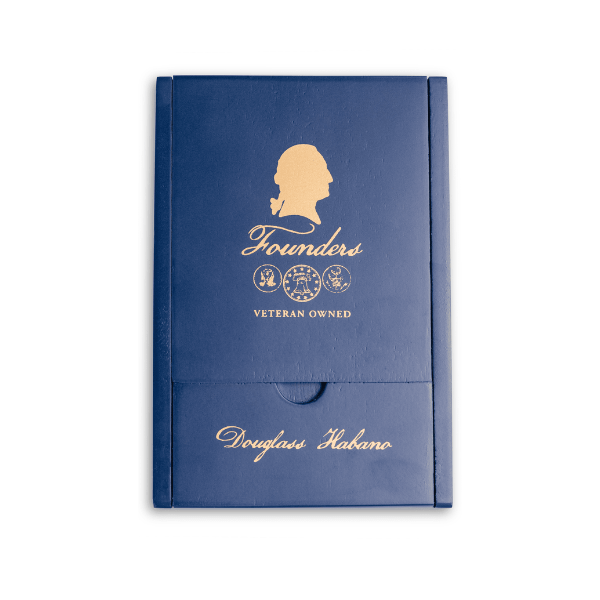 A navy blue box with gold accents, labeled "Founders" and "Douglass Habano," features the Founders Cigar Co. branding, veteran-owned mark, a silhouette profile, and icons highlighting its premium Ecuadorian Habano Toro origin.