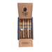 An open wooden box shows five Founders Douglass Habano Toro cigars from Founders Cigar Co., each in clear wrappers, with a silhouette logo and "Founders Cigar Co." on the inside lid, showcasing the premium Nicaraguan blend.