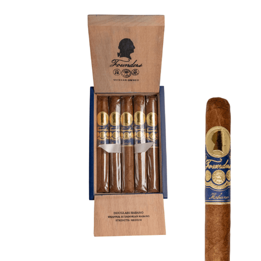 An open wooden box of five Founders Douglass Habano Toro cigars by Founders Cigar Co., each with blue and gold labels, sits next to a close-up of one cigar highlighting its premium Nicaraguan blend and elegant band.