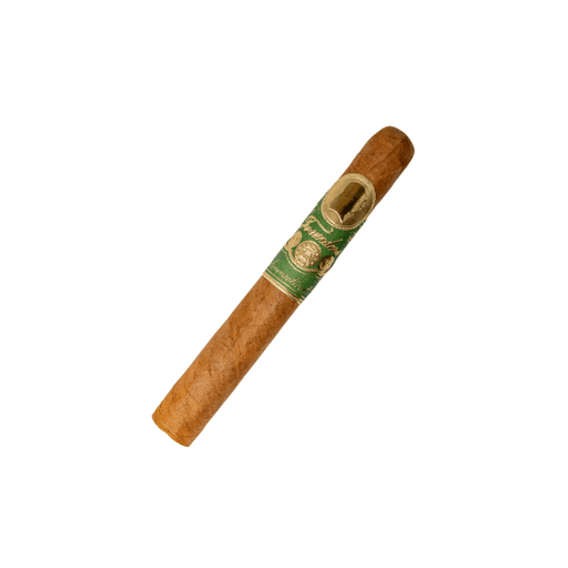 A single Founders Franklin Connecticut Toro by Founders Cigar Co. sits on a white background, its green and gold band highlighting the classic appeal of Connecticut-wrapped cigars.