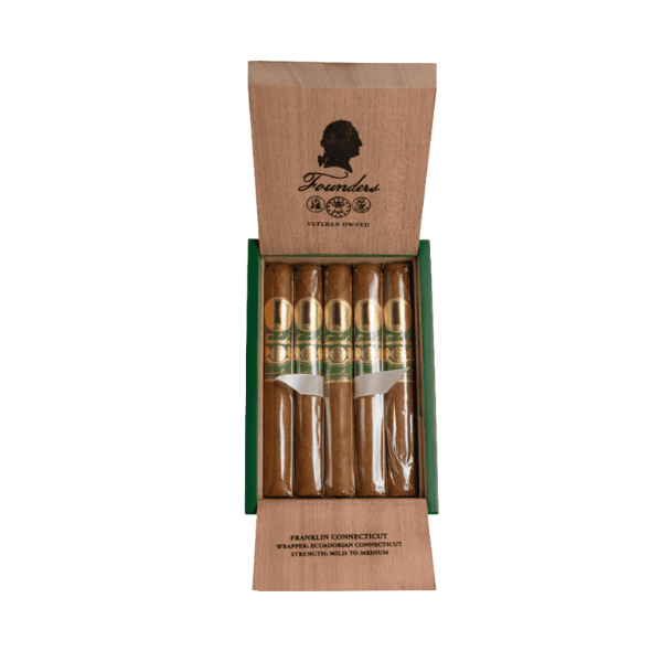 An open box of five Founders Franklin Connecticut Toro cigars by Founders Cigar Co. with green and gold labels is displayed upright in a wooden box with inside-lid branding. These Connecticut-wrapped cigars are from the Dominican Republic.