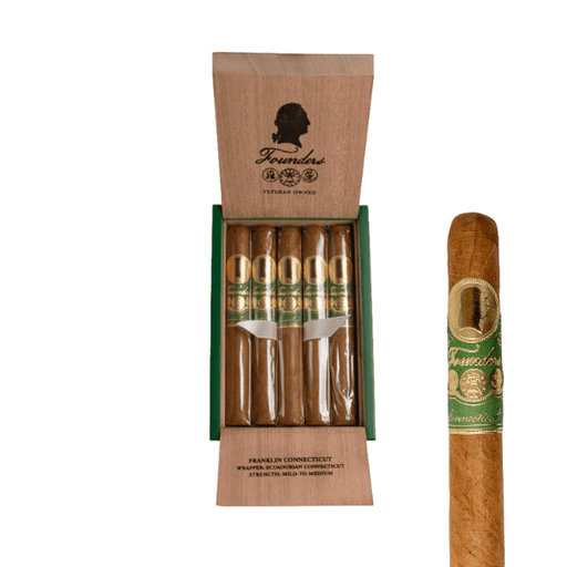An open wooden box of five Founders Franklin Connecticut Toro cigars by Founders Cigar Co., each with a green and gold label, plus one cigar shown separately on the right, reflecting Dominican craftsmanship.