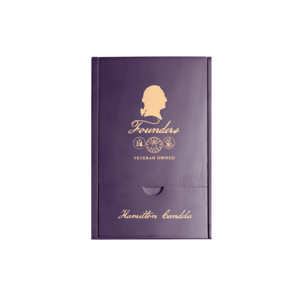 A purple box with gold lettering shows a silhouette and the words "Founders," "Veteran Owned," "Hamilton Candela," and "Founders Cigar Co." along with the Founders Hamilton Candela Toro on the front.