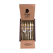 An open box displaying five Founders Hamilton Candela Toro cigars with green wrappers and gold-purple labels; the inside lid features a silhouette logo and Founders Cigar Co. text.