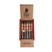 An open wooden box from Founders Cigar Co. displays five Founders Roosevelt Maduro Toro cigars with red and gold labels. The inside lid features a silhouette logo and text, highlighting the rich San Andrés Maduro wrapper.