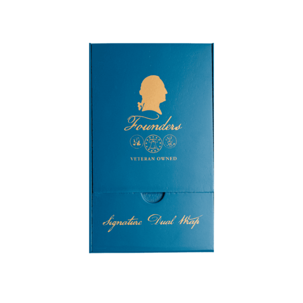 A blue rectangular box with gold text and symbols, including a profile silhouette and the words “Founders,” “Veteran Owned,” and “Signature Dual Wrap Toro” by Founders Cigar Co.—inspired by classics like the barber pole cigar.