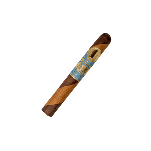 The Founders Signature Dual Wrap Toro by Founders Cigar Co. features a decorative blue and gold band with a silhouette and crest, shown on a white background—crafted with a smooth Connecticut shade wrapper for an elegant finish.